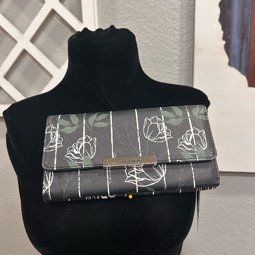 Tahari Black and Green Floral Clutch